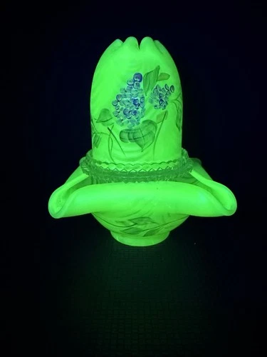 HTF Vintage Fenton for 3 Pc Vaseline Topaz Opalescent Hand Painted Fairy Lamp 7”
