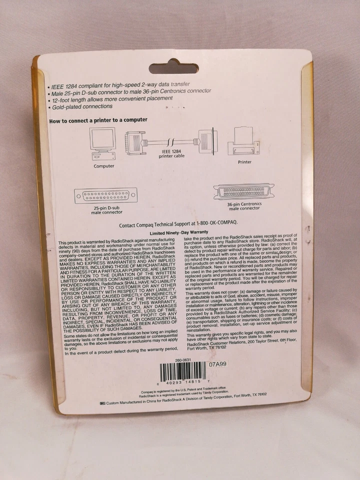 Compaq 26-631 IEEE 1284 Printer cable 12'  / NEW / SEALED / FREE SHIP - Image 2 of 2