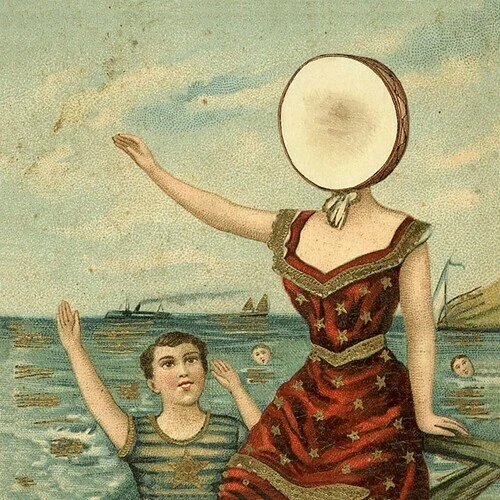 The drawn cover of the LP “In the Aeroplane Over the Sea” showing a young boy and a faceless woman waving towards the sky. There are people swimming and boats in the background.