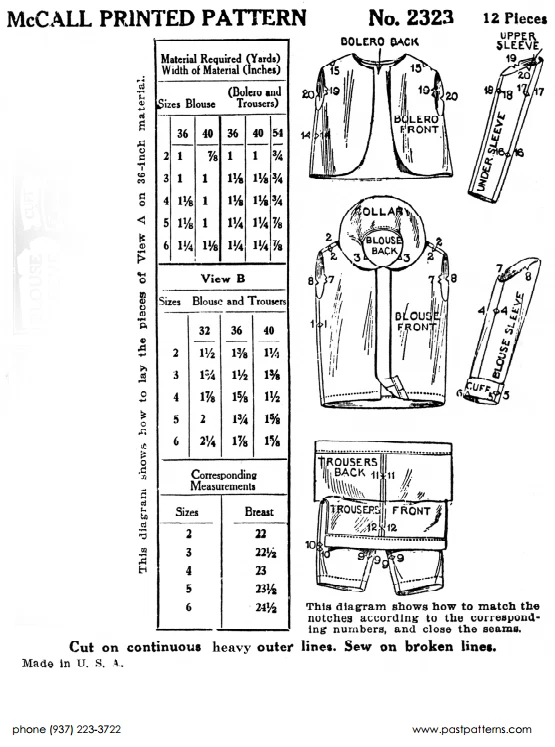 Past Patterns 2323 - Late 1920s Boys Bolero Suit Sewing Pattern for 5 Year Old - Image 3 of 3