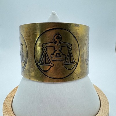 Vintage Brass Zodiac Cuff Bracelet Libra Scales Etched Design Boho Astrology