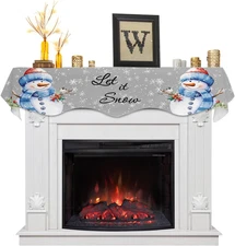 Christmas Mantle Scarf 60 x 17 Inch, Gray Snowman Let It Snow Winter Fireplac...