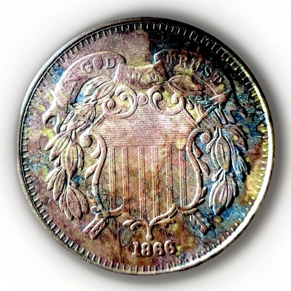 1866 BU 2 Cent Piece With Rare Mint Error Obverse Die Break Solid filled O - Image 2 of 3