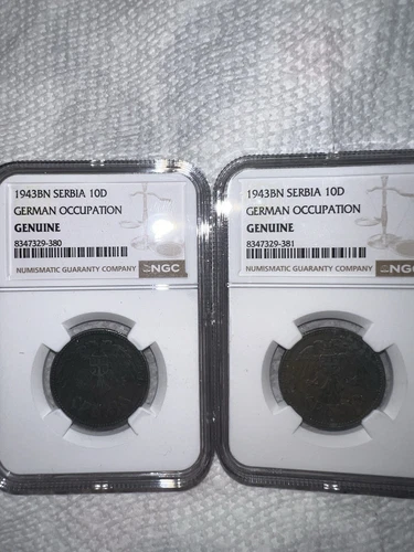 2 coins 1943BN Serbia 10D German Occupation  NGC Genuine   