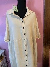 AUSELLY Beige Solid Collared Shirt Dress, Button Front Midi, 3/4 Sleeve, XL