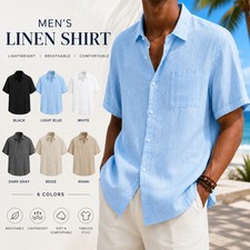 MENS SHORT SLEEVE LINEN SHIRT CASUAL BAGGY BUTTON-DOWN SOLID TOPS HAWAIIA BLOUSE