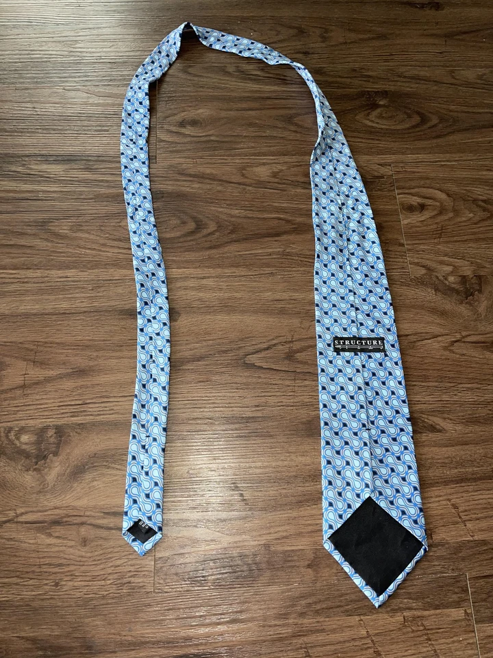 Структура галстук мужской один размер синий 100% шелк геометрический абстрактный узор сделано в США - Изображение 3 из 4