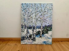 Birches in Winter Forest Impasto Oil Painting on Canvas Nature Landscape Painting