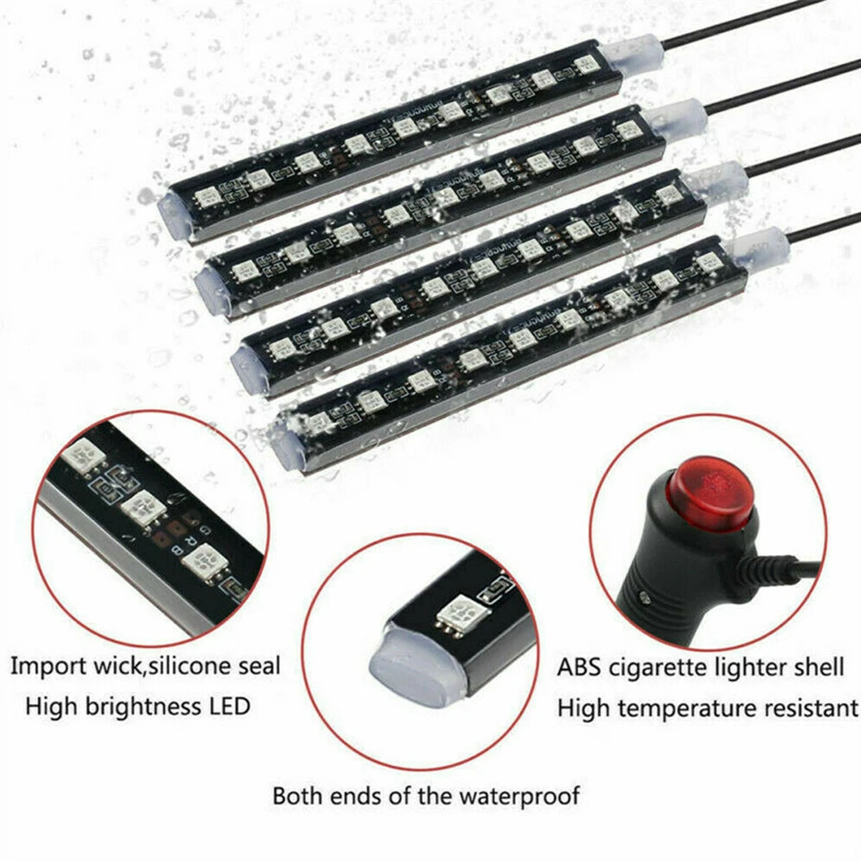 Tira de luces de neón para atmósfera interior de automóvil 4 piezas 9 LED inalámbrico IR control remoto Foto 4 de 4