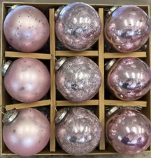 Tinsel and Fir Pink Kugel Style Glass Heavyweight Christmas Ornaments Set Of 9