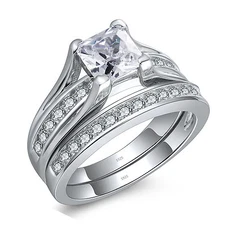 925 Sterling Silver Women's Wedding Band Princess CZ Bridal Engagement Ring Set