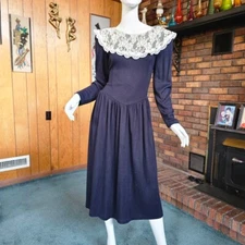 Vtg 80s Victorian Goth Prairie Jessica McClintock Gunne Sax Black Party Dress L