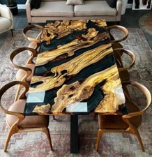 Unique Olive Wood Resin Dining Table – Custom Epoxy Live Edge Tabletop for Home