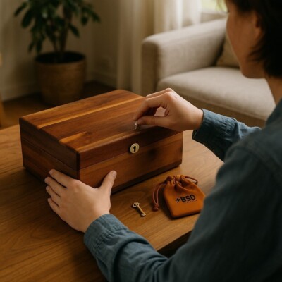 Wooden Storage Box with Hinged Lid and Locking Key - Large Premium Acacia Keepsa