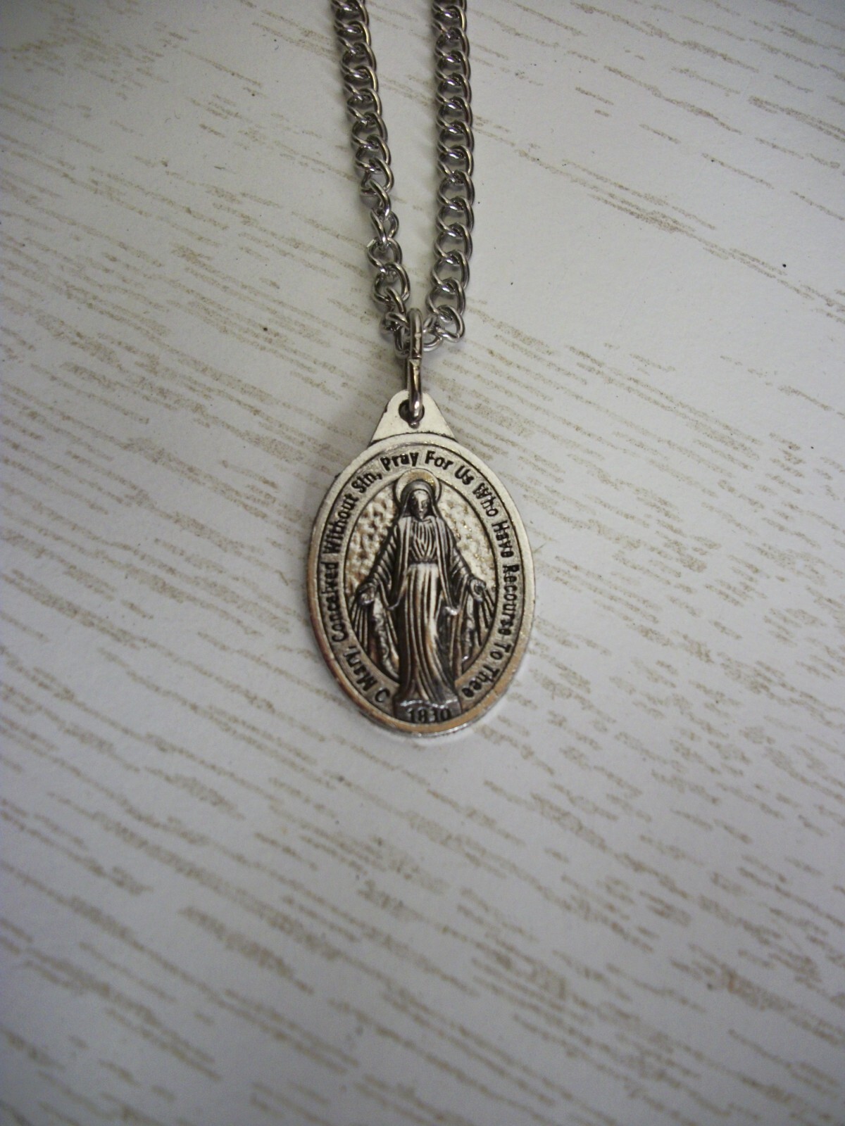 Virgin Mary Rosary Pendant Necklace Silver Tone 20 Inch