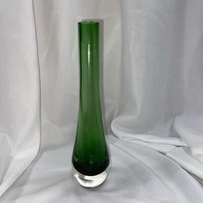 Murano Style art glass green vase with clear bottom. 8.5  Tall