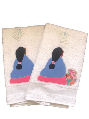 Vintage Pair Martex White Hand Towels Navajo Woman Southwestern NWT