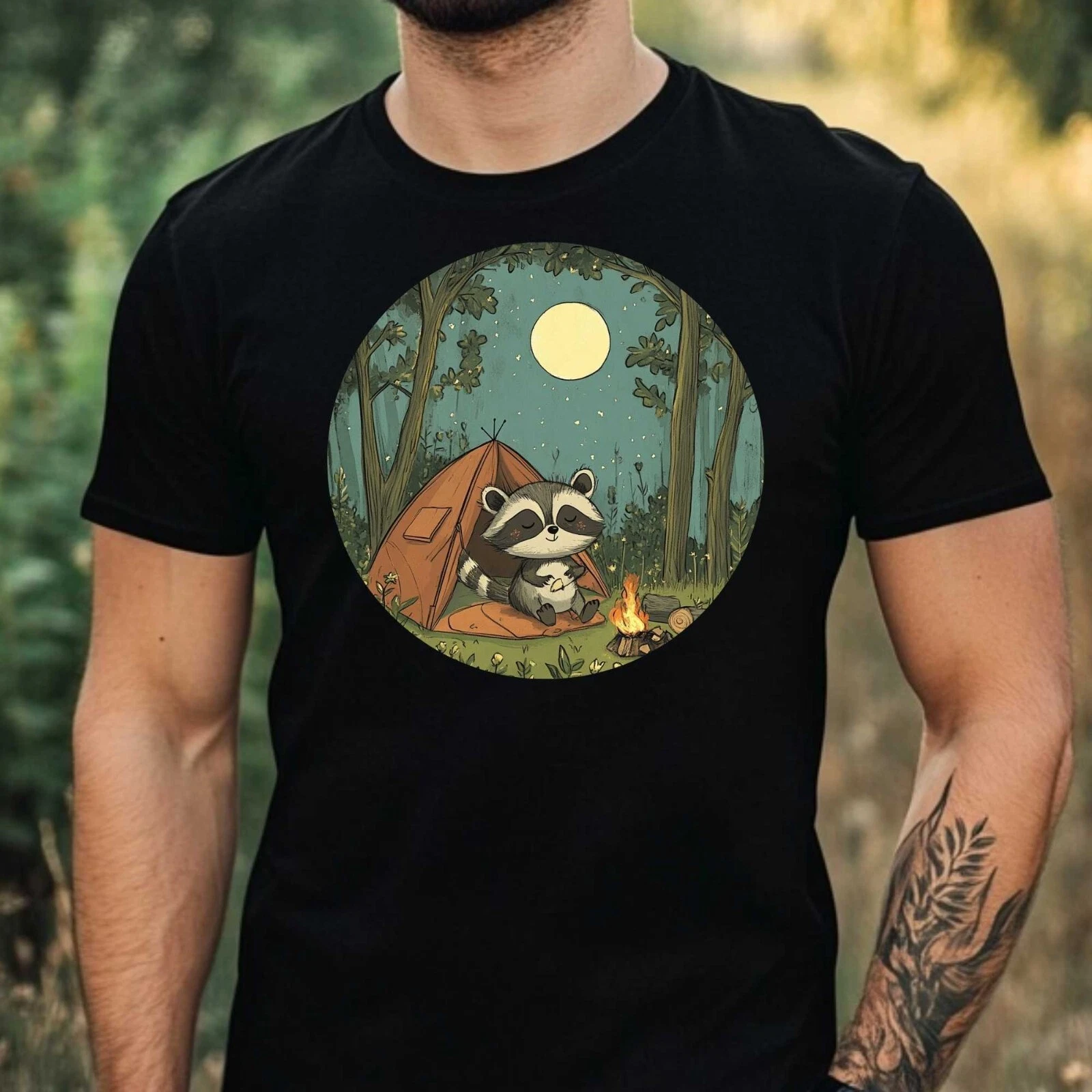 Mens Camping Raccoon Print Cotton T-Shirt Size XS to 5XL