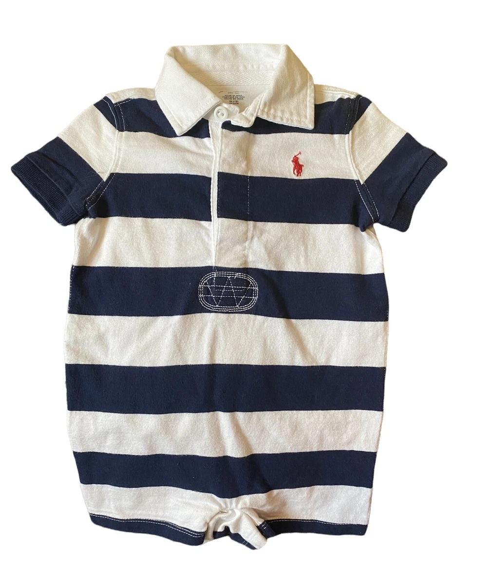Ralph Lauren Romper Blue White Stripe Collar Shortall Baby Boys 9 M Pre owned