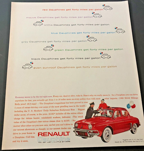Red 1960 Renault Dauphine - Vintage Original Automotive Color Print Ad Wall Art