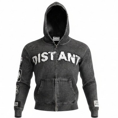 Distant Studios Mens Mineral Wash Full Zip Hoodie Black Patches Size L Large