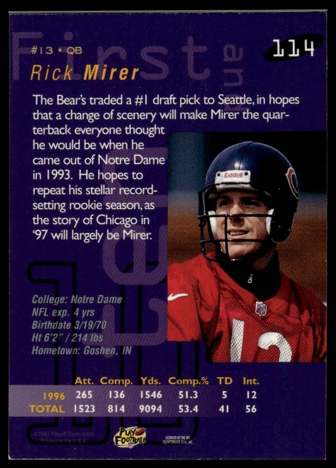 1997 Playoff First & Ten #114 Rick Mirer - Image 2 of 2