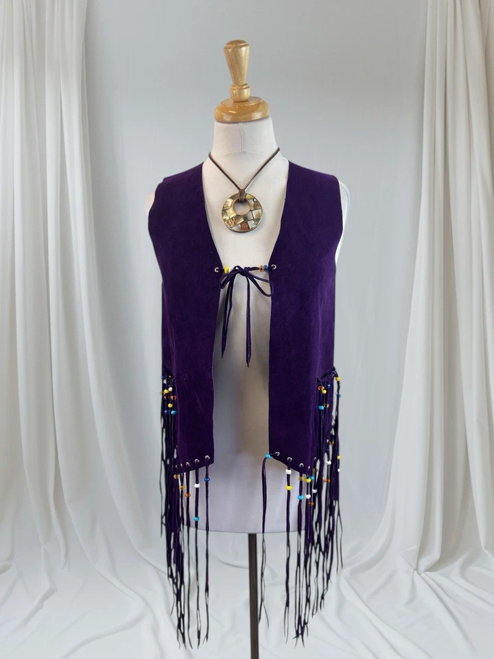 Vtg Purple Suede Leather Vest Fringe Beaded Boho Hippie Festival Indie Western S - Image 2 of 4
