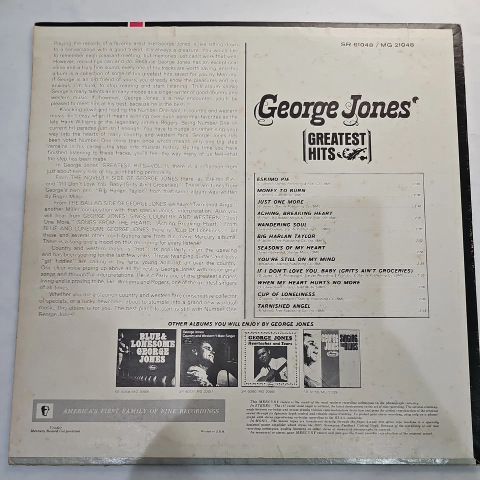 George Jones Greatest Hits 1965 Vinyl LP MERCURY SR61048 / MG 21048 Stereo 1965 - Image 2 of 4