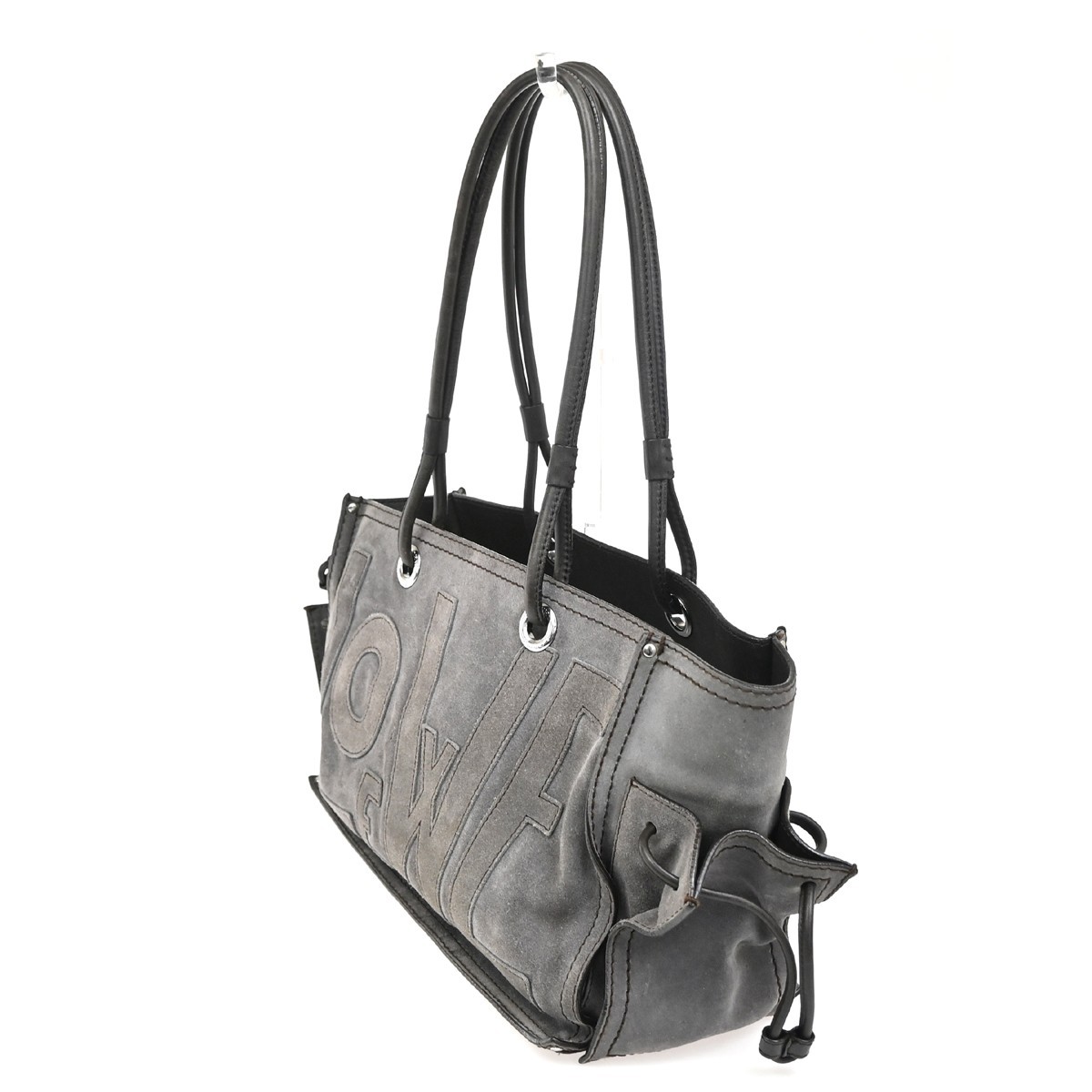 LOEWE Anagram Logo Tote Shoulder Bag Suede Leather Gray Brown SHW