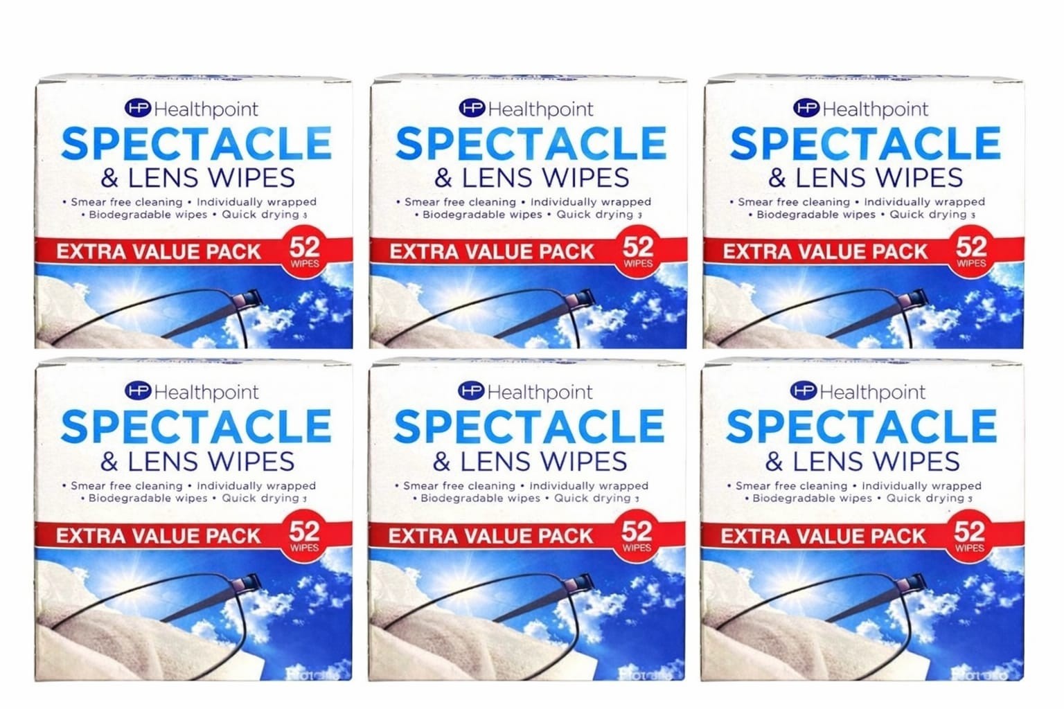6x Healthpoint Spectacle & Lens Cleaning Wipes Glasses - Smear Free - 52 Wipes