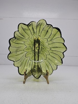 Indiana Glass Lily Pons Sunflower Candy Dish 7'' Avocado Green Retro Granny Core