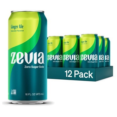 Zevia Zero Sugar Soda, Ginger Ale, 16 oz Cans 12-Pack   Naturally Sweetened, ...