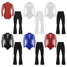 Mens Dancewear Glittery Outfits Competition Sets Rhinestone Dance Long Sleeve