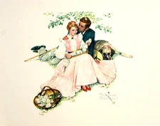 Norman Rockwell Print Picnic Full Color 11 x 14" Couple w Mastiff Dog Vintage