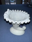 6” Fenton Milk Glass Hobnail White Cornucopia Vintage Vase Candle Stick Holder