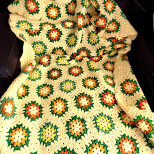 Handmade Crocheted Granny Square Baby Blanket Butter Yellow Green Hexagon 56x33"