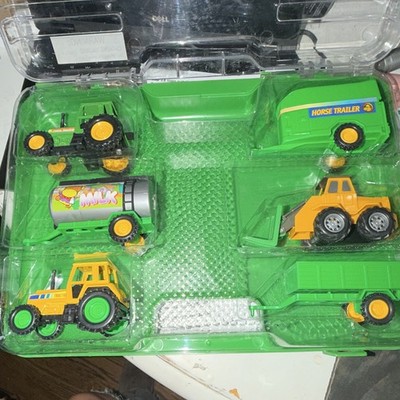 Plastic Farm Vehicle Play Set: Green/Yellow Tractor, Milk Tanker, Horse Trailer