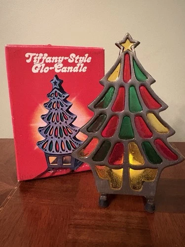 Tiffany Style 1977 Cast Iron Glo-Candle Holder Stained Glass Christmas Vintage