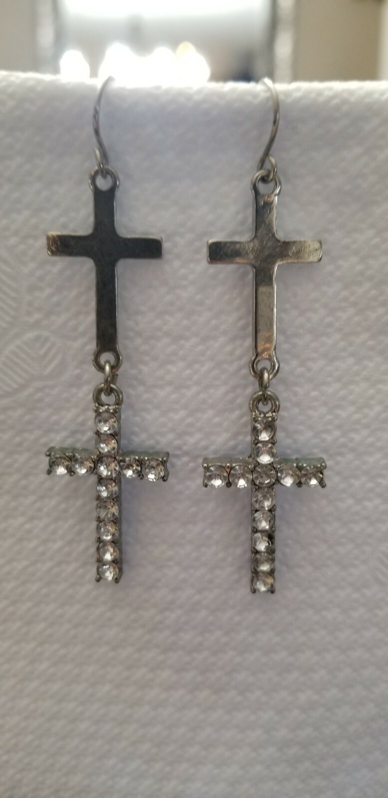SILVERTONE Cross hook Dangle paste? Earrings - image 2