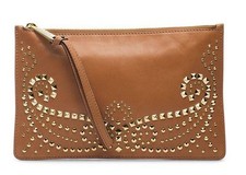 MICHAEL KORS RHEA LUGGAGE BROWN LAMB LEATHER,STUDDED LARGE WRISTLET,CLUTCH,BAG