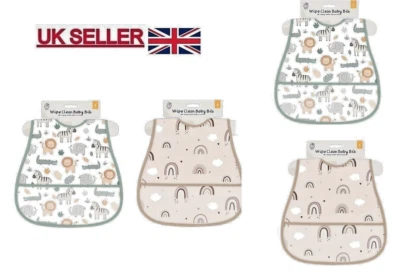 123 BABY ESSENTIAL Wipeable Baby Bib Wipe Clean Washable No Mess Feeding Front Clear Pocket for kid
