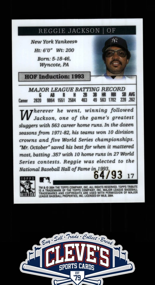 2004 TOPPS TRIBUTE REGGIE JACKSON 64/93 GOLD REFRACTOR NEW YORK YANKEES - Image 2 of 2