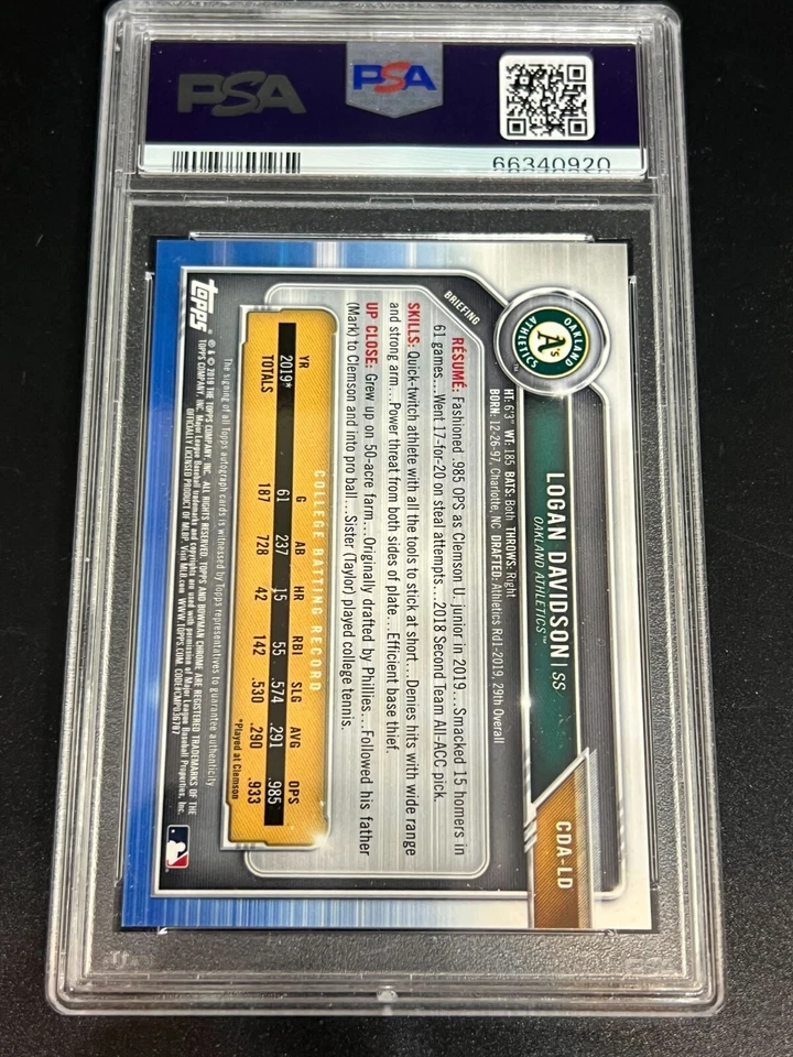 2019 Bowman Draft 1st Chrome AUTO Logan Davidson /150 TRUE Blue Refractor PSA 10 - Image 2 of 2