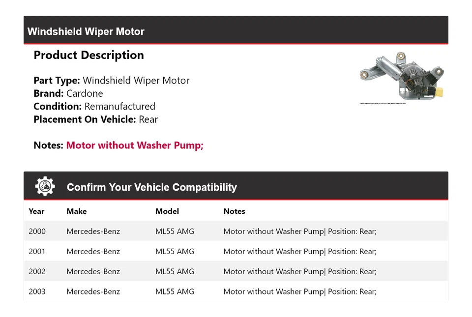 Motor limpiaparabrisas trasero cardone 2001 para Mercedes-Benz ML55 AMG 2000-2003 Foto 2 de 4