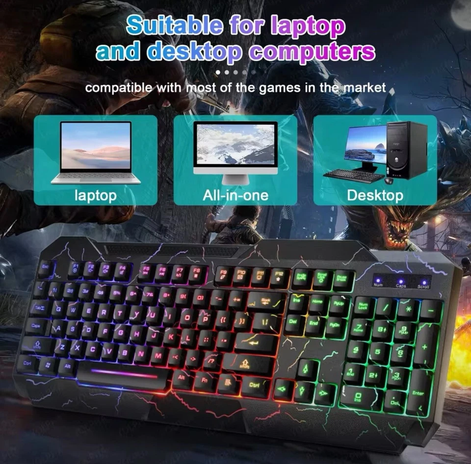 LED Gaming Keyboard+Mouse Backlight RGB Colour Back Light Up Rainbow PC Laptop - Image 4 of 4