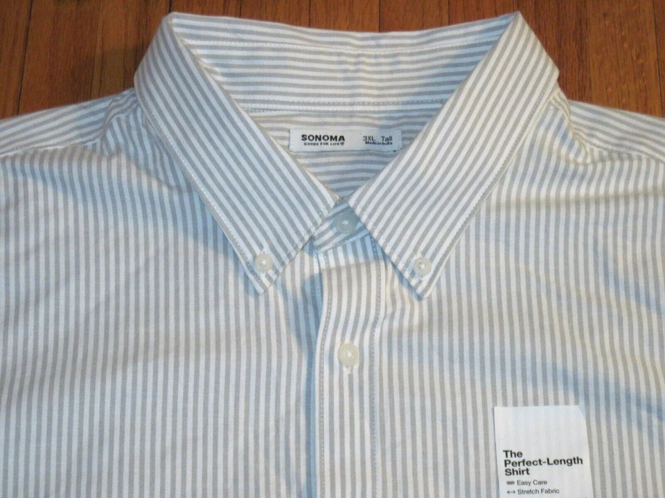 Camisa de vestir Oxford Sonoma blanca/bronceada a rayas longitud perfecta calce clásico 3XLT NUEVA CON ETIQUETAS Foto 3 de 4