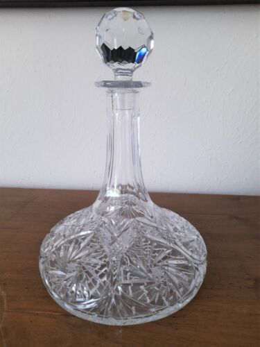 Vintage Crystal Ships Decanter Cut Pinwheel & Star Flat Bottom w/Stopper 11" - Picture 1 of 12