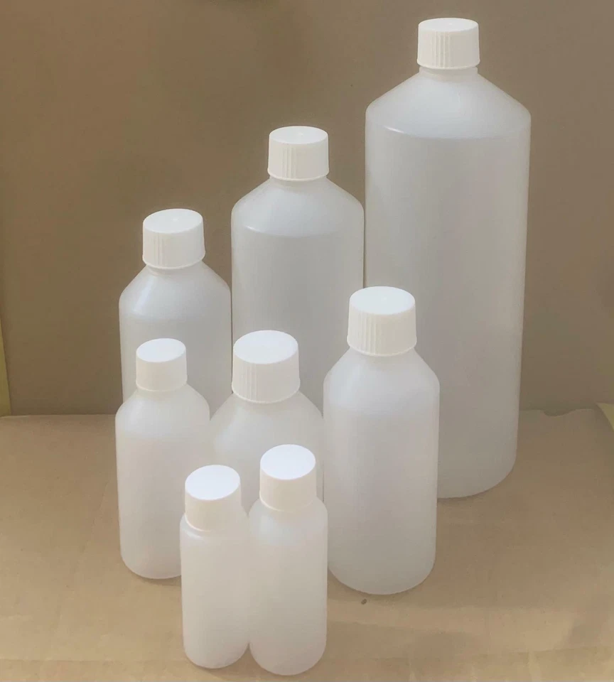 100,150,200,250,500,& 1000ml Plastic Bottle HDPE with White Screw Cap PACK of 10