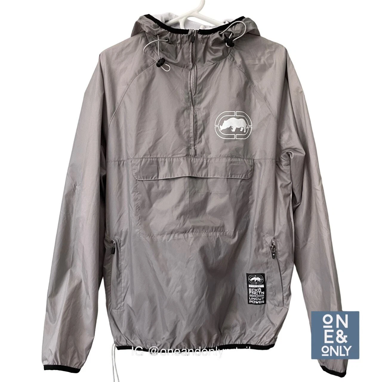 ECKO UNLTD. Athletic Windbreaker Jacket Mens Medium Gray Hooded Half Zip Graphic