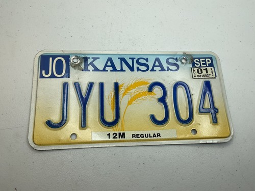 2001 Kansas Wheat 12M Regular License Plate Tag# JYU304 Johnson County Sept